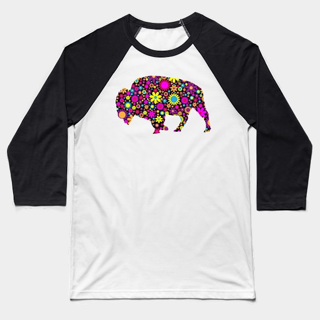 Silhouette of bison  in floral design Baseball T-Shirt by Montanescu